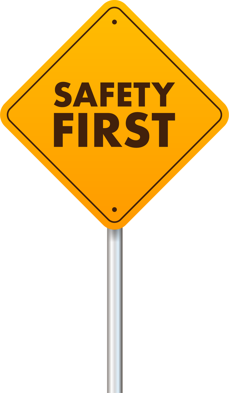 Safety First shield sign. Health and safety. Vector stock illustration.